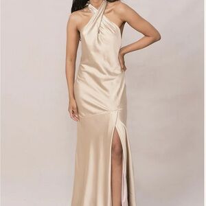Revelry Gold Halter Slit Gown for Weddings